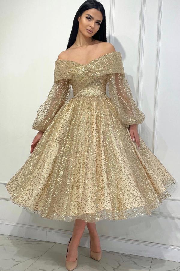 Champagne Off Shoulder Long Sleeves Prom Dresses Glitter Ankle Length Party Wear Dress-newarrivaldress