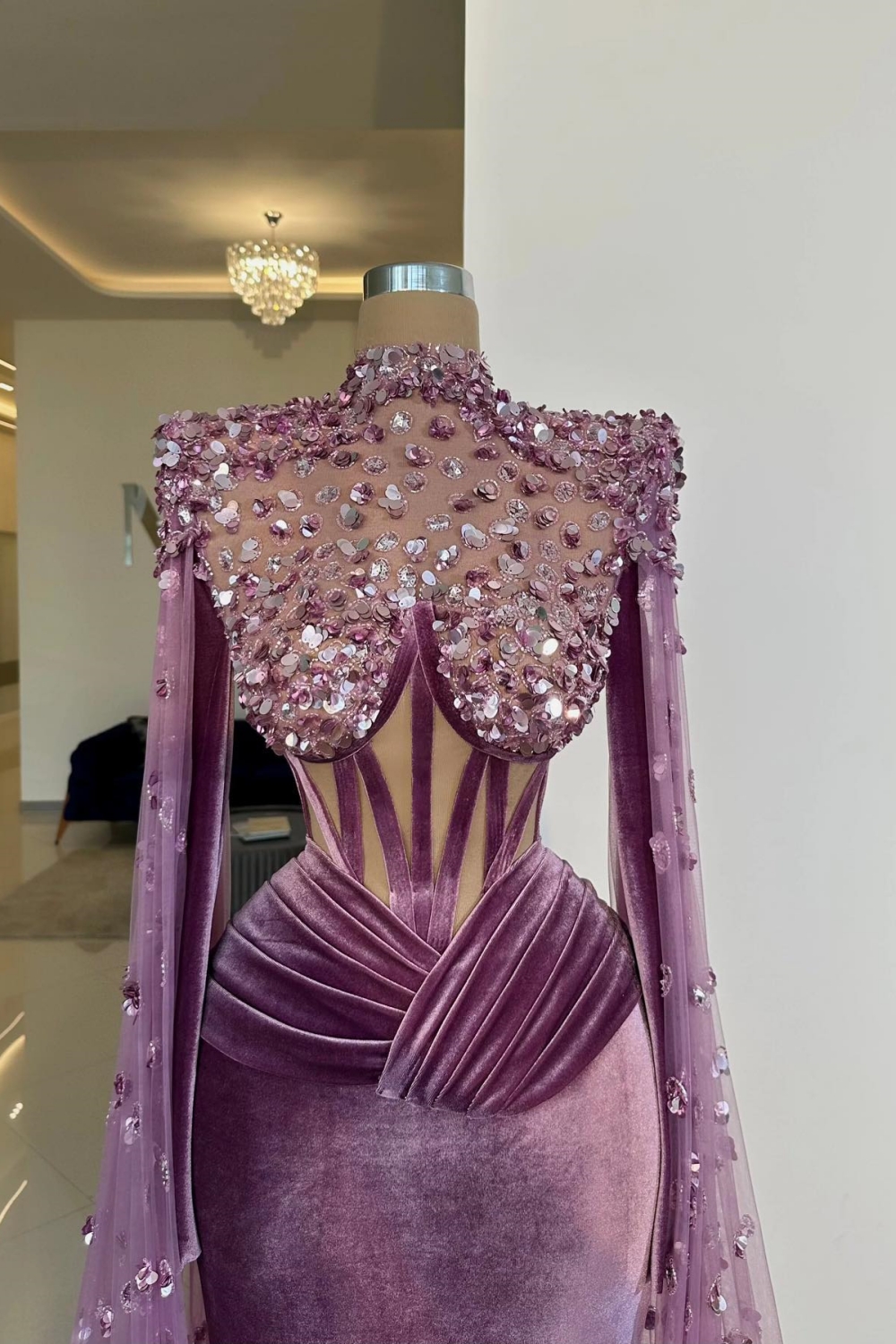 Luxury Glitter Sequins Ruched Velvet Bodycon Evening Gowns with High Neck Cape-newarrivaldress