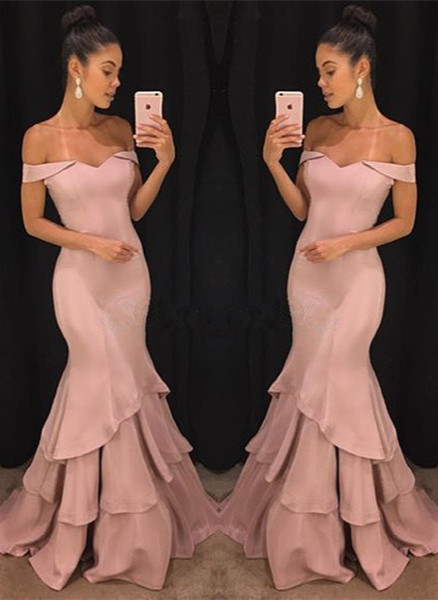 Pink Off The Shoulder Mermaid Prom Dresses Tiered Simple Formal Gowns SK0118-GA0-newarrivaldress