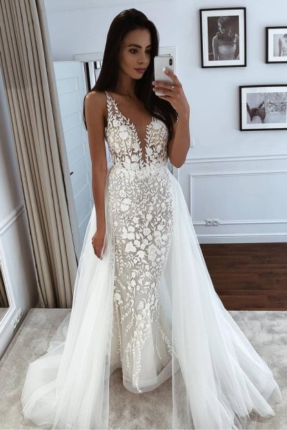 Spaghetti Straps Appliques Wedding Dresses With Detachable Train | V-neck Mermaid Cheap Bridal Gowns