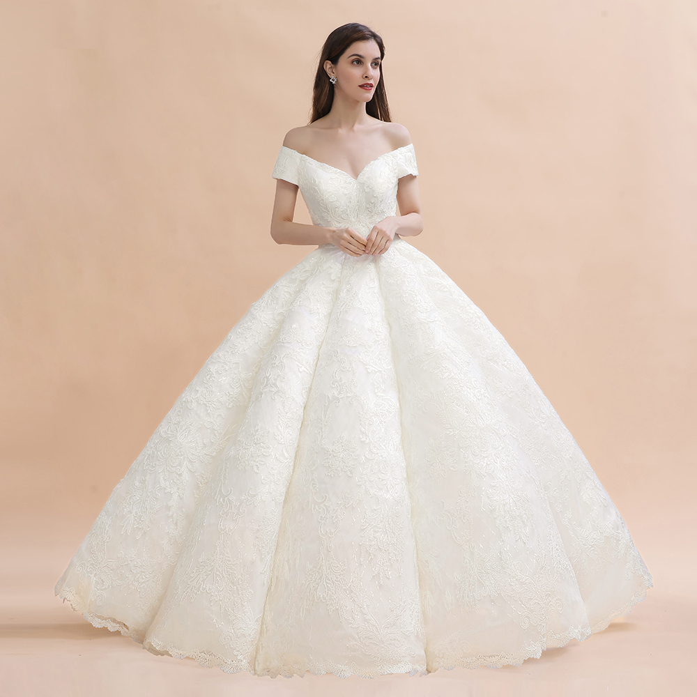 Ivory Off Shoulder Lace Appliques A-line Ball Gown Tulle Wedding Dress-newarrivaldress