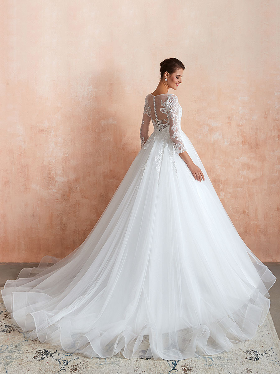 Wedding Gown 2021 3/4 Sleeve Jewel Neck Lace Appliqued Beaded Ball Gown Bridal Wedding Dress With Train-newarrivaldress