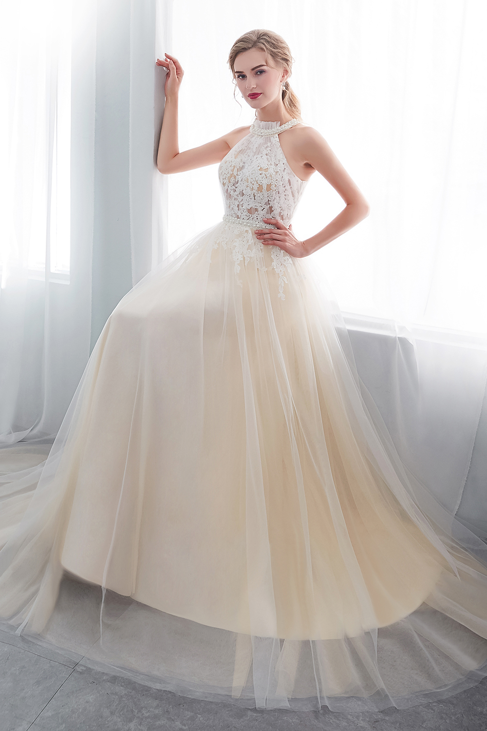 NATALIA | A-line Halter Floor Length Appliqued Tulle Evening Dresses-newarrivaldress