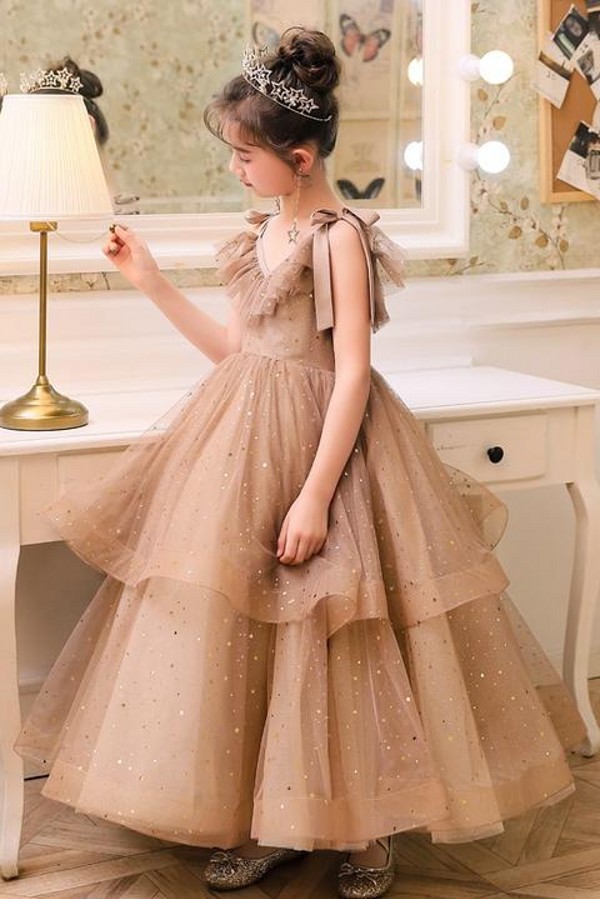 V-Neck Puffy Sleeves Tulle Two Layers Princess Dress for Little Girls-newarrivaldress