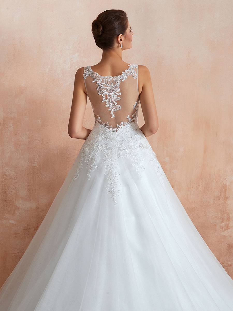 Wedding Dress 2021 V Neck Princess Sleeveless Floor Length Tulle Bridal Gown With Train-newarrivaldress