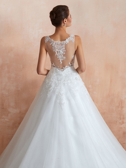 Wedding Dress 2021 V Neck Princess Sleeveless Floor Length Tulle Bridal Gown With Train-newarrivaldress