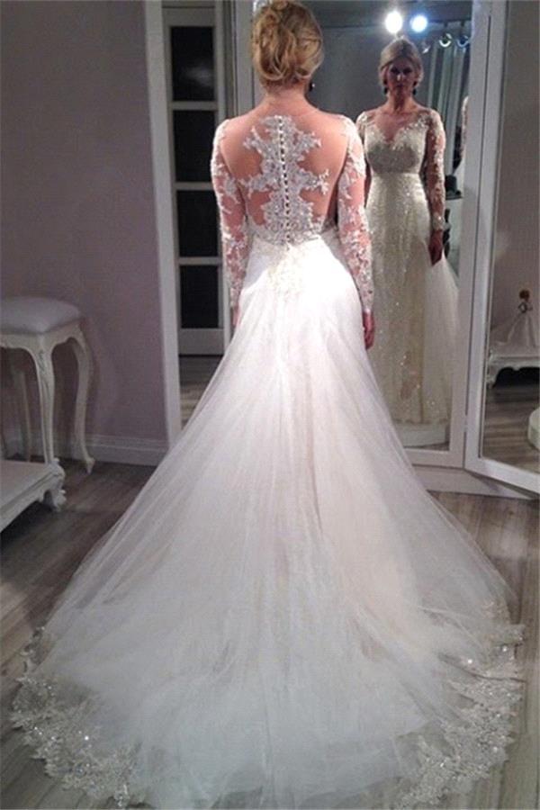 Sequins Glamorous Elegant Lace Appliques Tulle Long Sleeve Wedding Dress-newarrivaldress