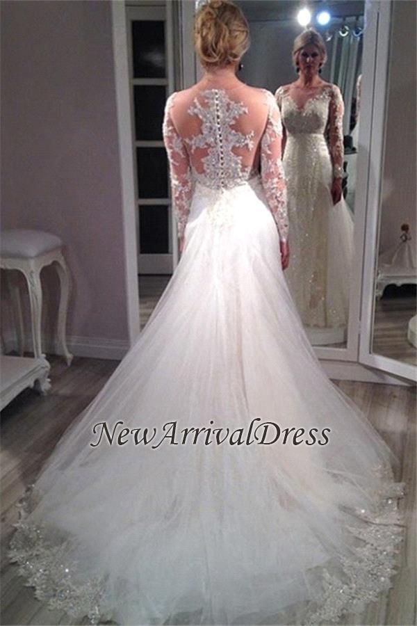 Sequins Glamorous Elegant Lace Appliques Tulle Long Sleeve Wedding Dress-newarrivaldress