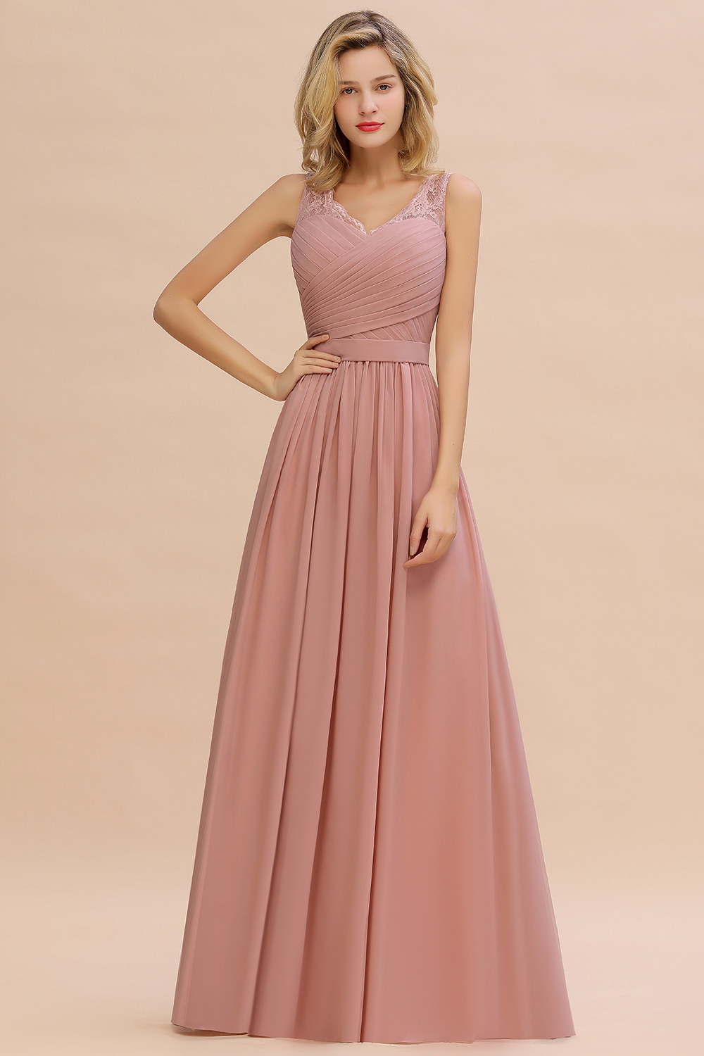 Dusty Pink Chiffon Floral Lace Bridesmaid Dress V-Neck Sleeveless Evening Dress Floor Length-newarrivaldress