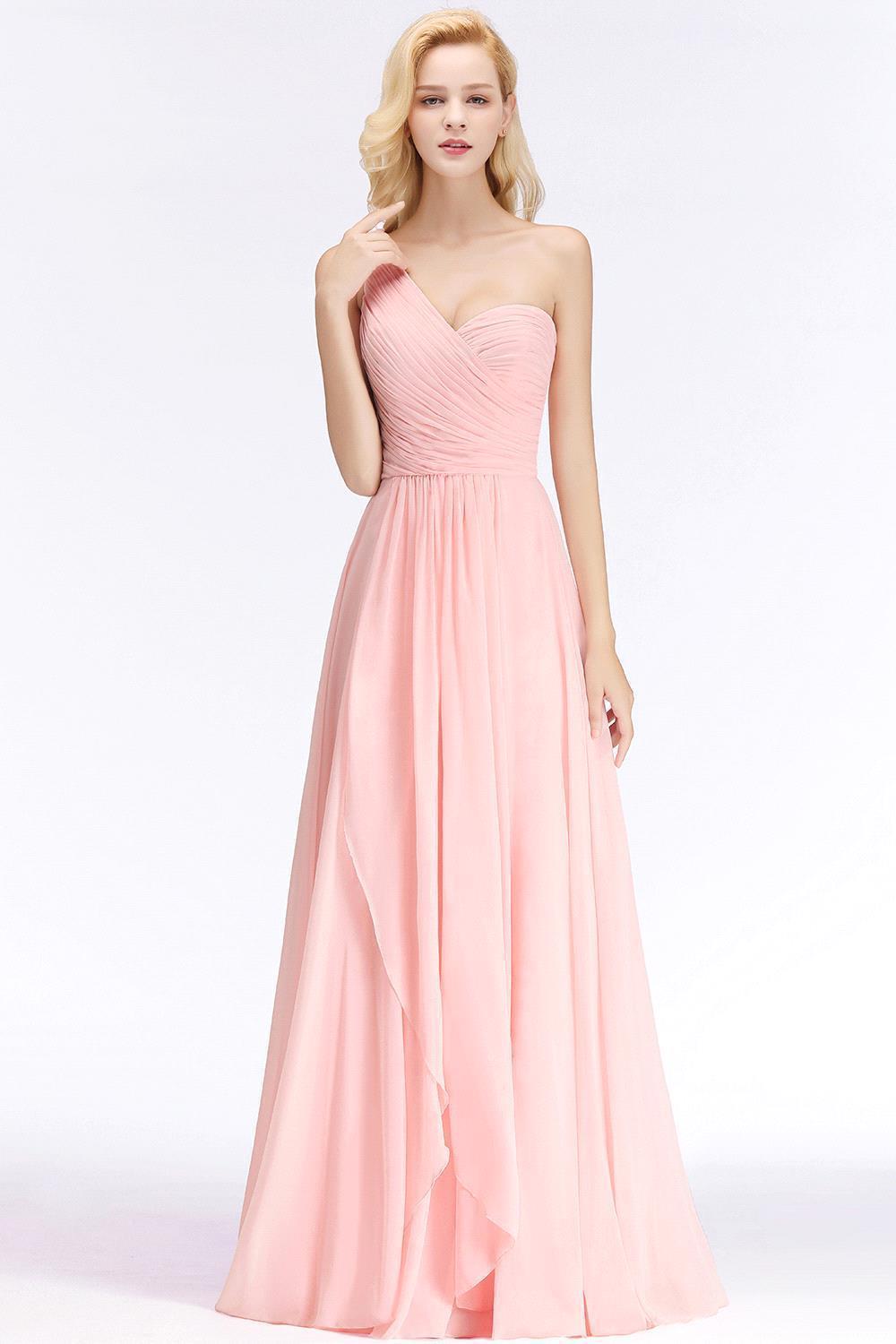 Pink One-Shoulder Modest Sleeveless Ruffled Zipper Floor-length Bridesmaid Dress-newarrivaldress