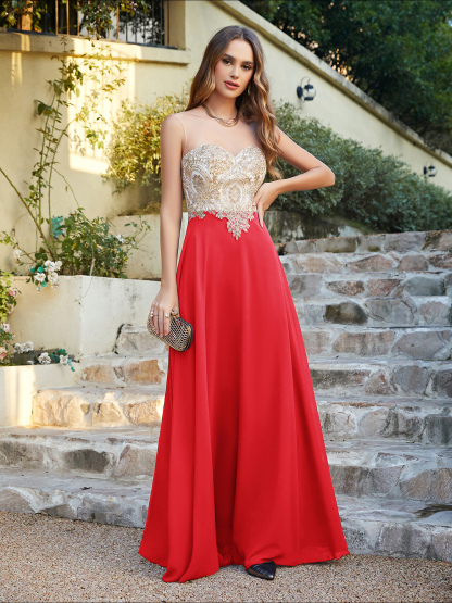 Elegant Sleeveless Chiffon Aline Evening Dress Lace Appliques Formal Dress-newarrivaldress