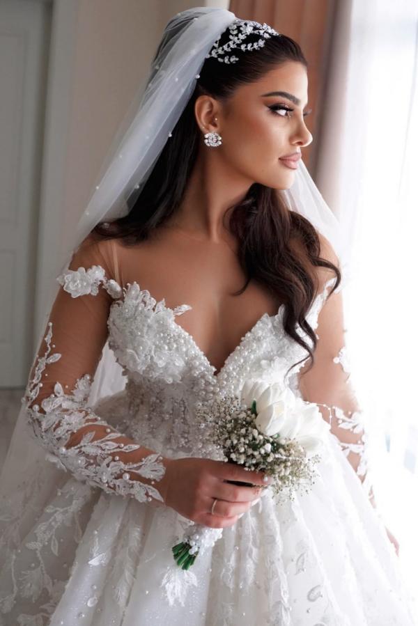 Gorgeous White Sweetheart Lace Aline Wedding Dresses with Long Sleeves-newarrivaldress