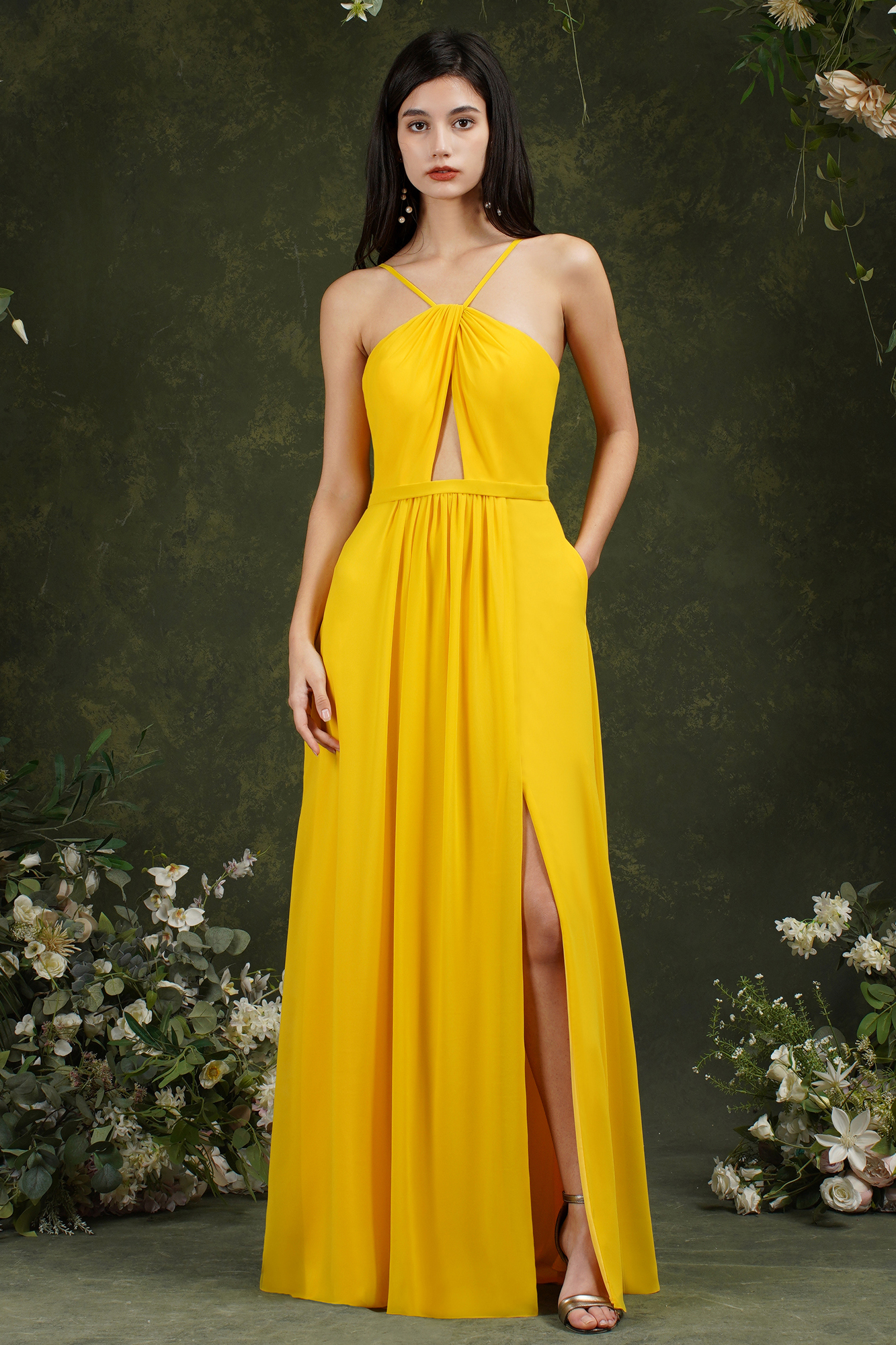 Halter Long Bridesmaid Dress Chiffon Sleeveless Side Split Wedding Party Dress-newarrivaldress