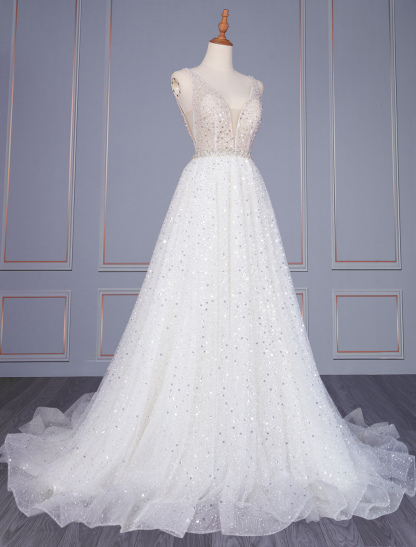 Ivory Simple Wedding Dress Lace V-Neck Sleeveless Backless Lace A-Line Long Bridal Gowns-newarrivaldress