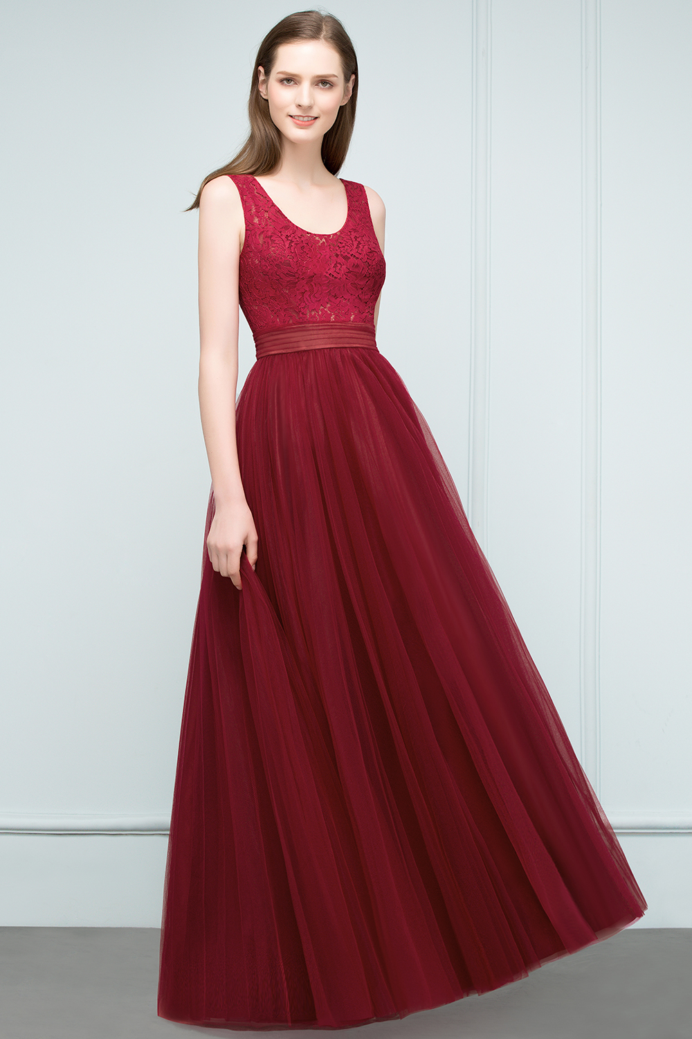JULIANNA | A-line Scoop Long Sleevless Lace Top Burgundy Tulle Prom Dresses-newarrivaldress