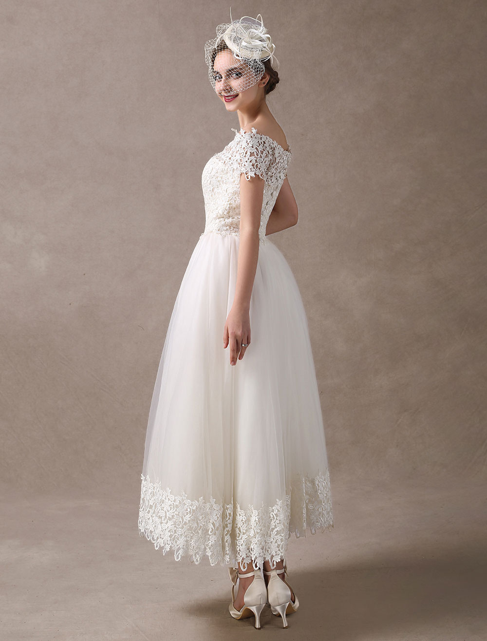 Vintage Wedding Dresses 1950S Off The Shoulder Ivory Lace Short Sleeve Ankle Length Bridal Dress Exclusive-newarrivaldress