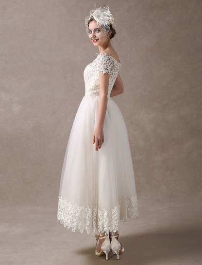 Vintage Wedding Dresses 1950S Off The Shoulder Ivory Lace Short Sleeve Ankle Length Bridal Dress Exclusive-newarrivaldress