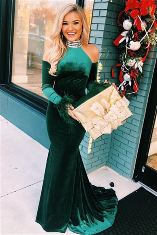 Green High-Neck Velvet Long Sleeves Mermaid Evening Dresses-newarrivaldress