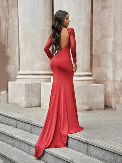 Charming Red Mermad Side Slit Evening Dress with Sleeves Floral Lace Appliques-newarrivaldress