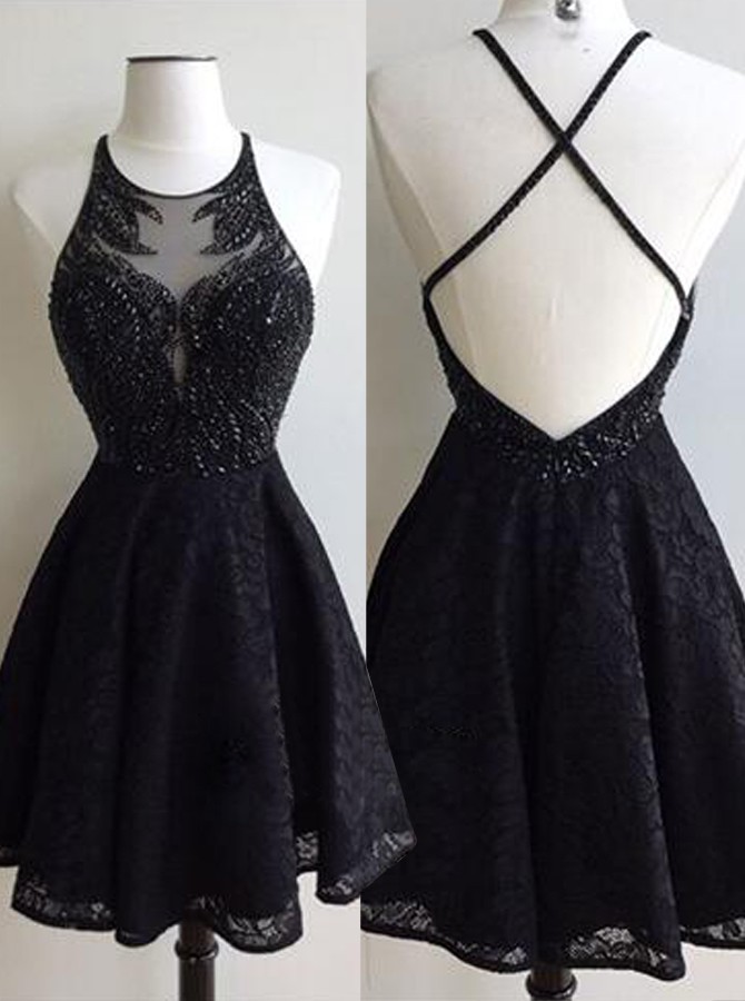 Black Beads Lace Cross Back Sexy Short Homecoming Dresses BA6891-newarrivaldress