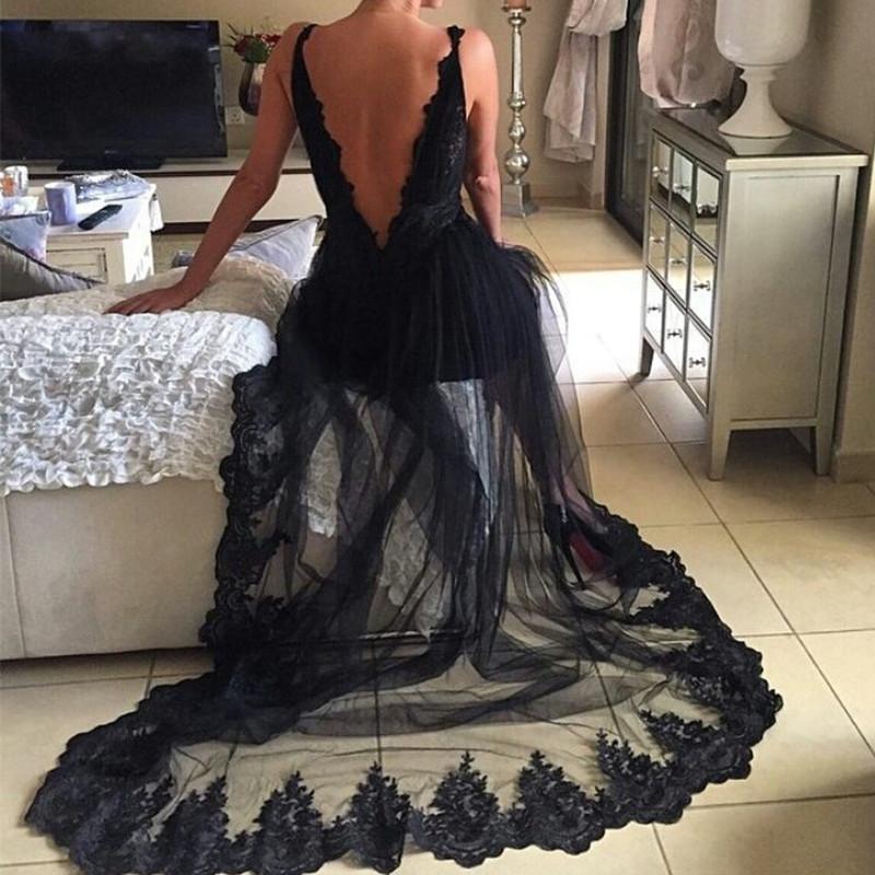 Tulle Long Lace Black Sexy V-Neck Prom Dress | Sheer Prom Dress-newarrivaldress