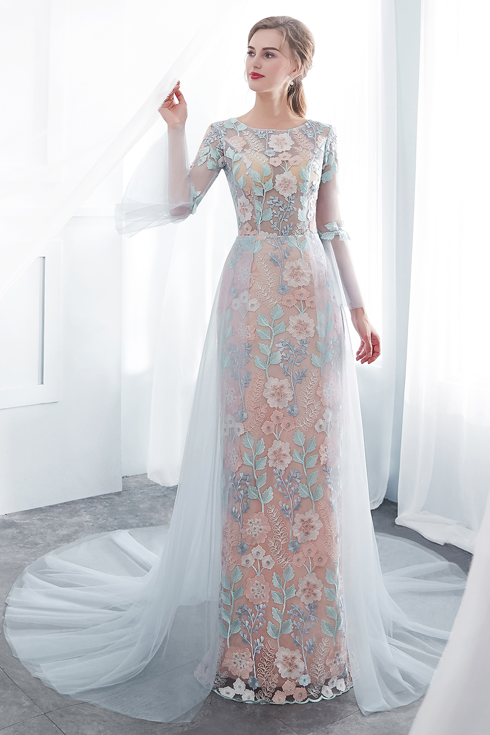 NAOMI | Sheath Long Sleeves Sheer Neckline Appliqued Flowers Evening Dresses-newarrivaldress