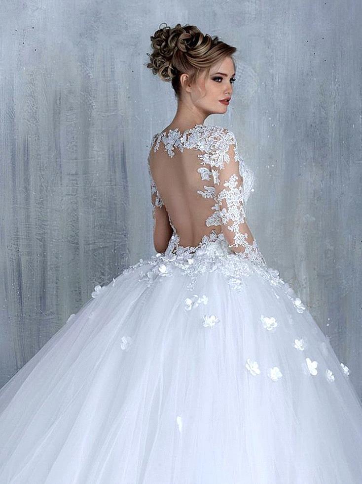 New Arrival Long Sleeve Lace Bridal Gowns Tulle Open Back Court Train Wedding Dresses-newarrivaldress