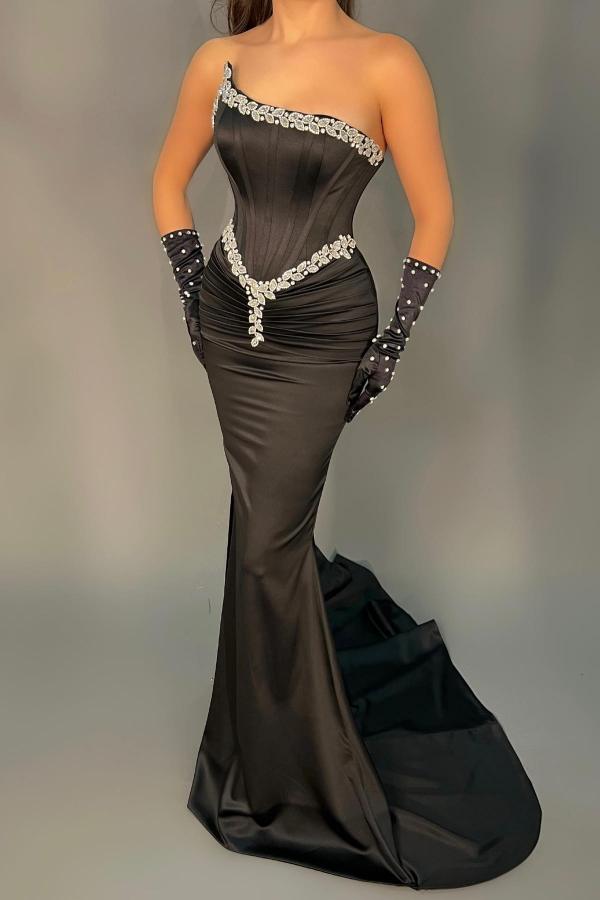 Strapless Black Ruched Satin Mermaid Prom Dress Pearls Beadings Slim Party Dress-newarrivaldress