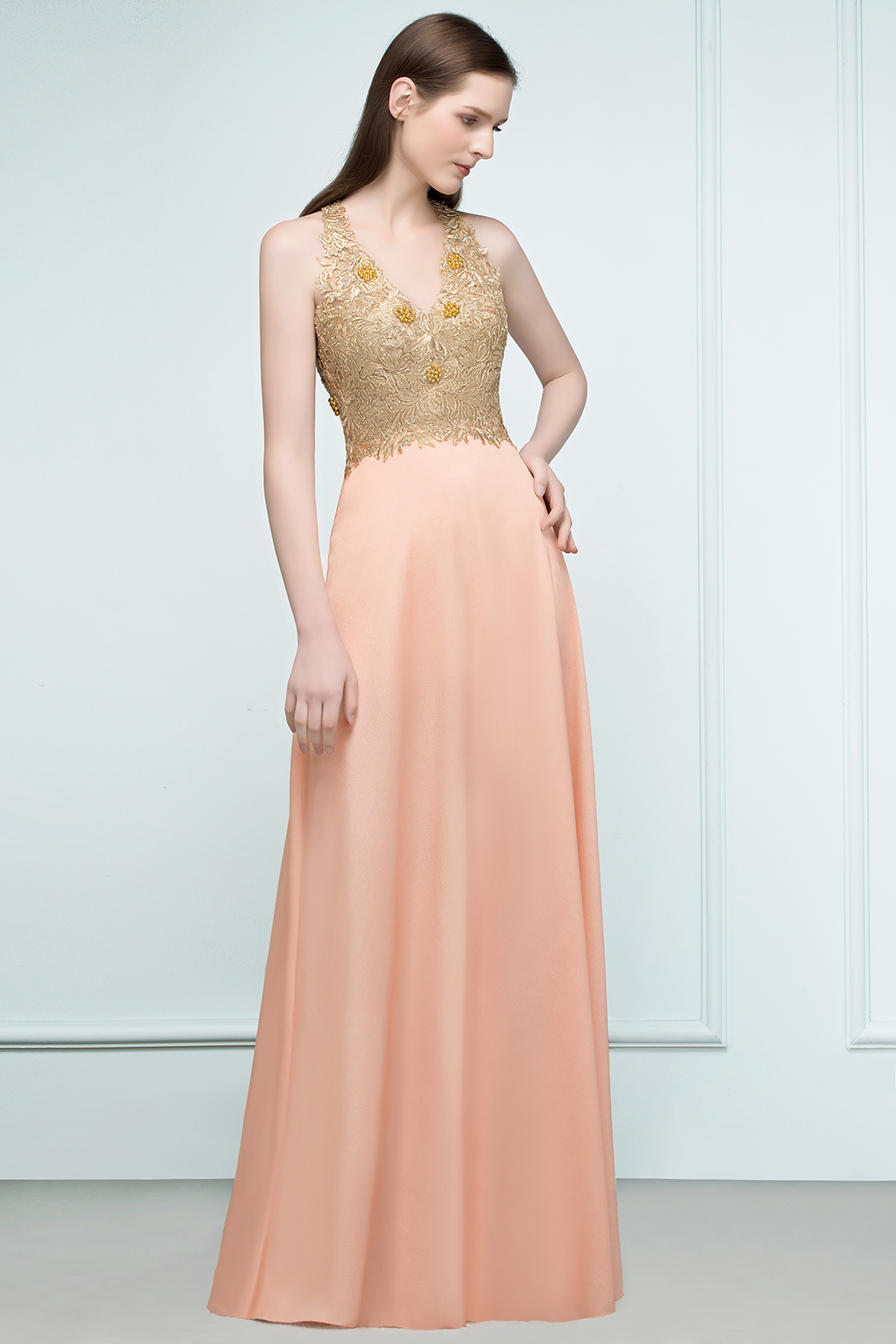 RENA | A-line Floor Length Spaghetti V-neck Appliqued Chiffon Bridesmaid Dresses-newarrivaldress