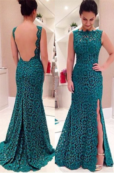 Sleeveless Modest Front-Split Lace Sweep-Train Prom Dress