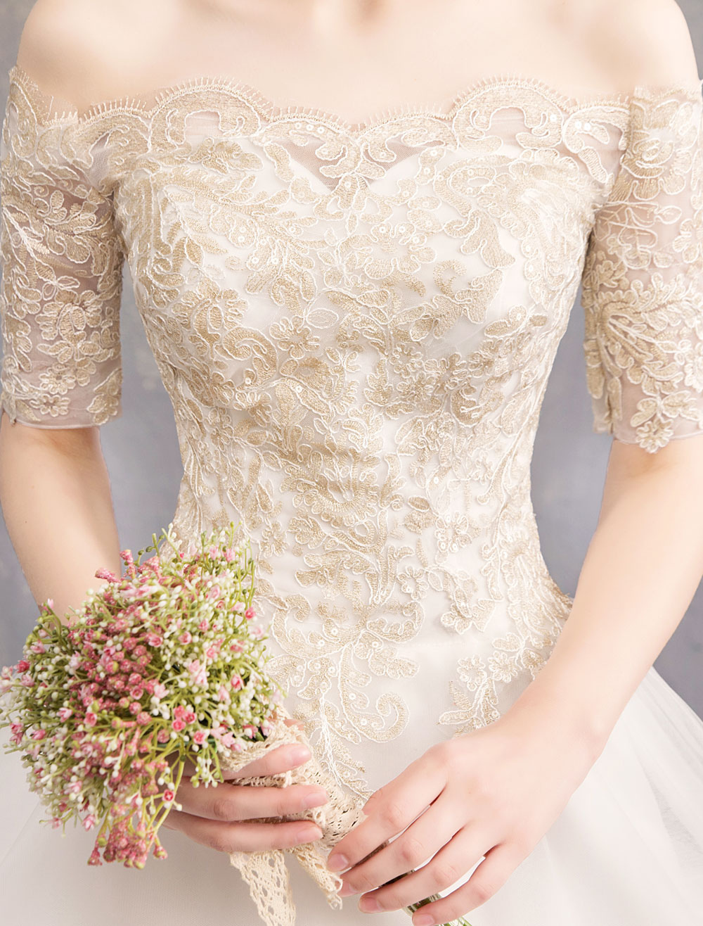 Tulle Wedding Dress Off The Shoulder Half Sleeve Princess Bridal Gown-newarrivaldress