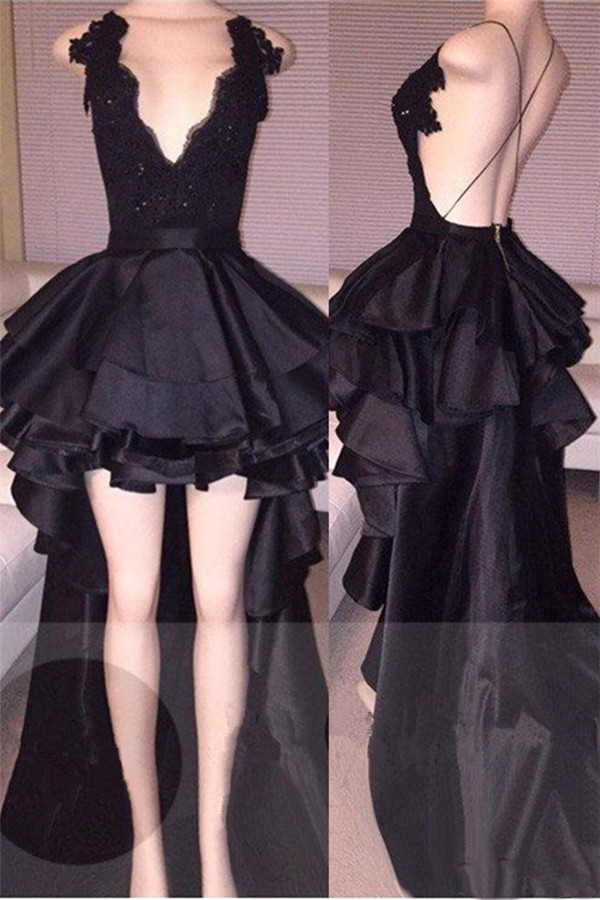 Layered Lace Hi-Lo Black Cocktail Prom Dresses-newarrivaldress
