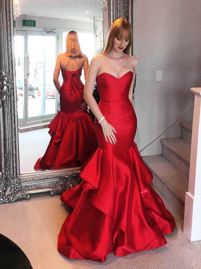 Sweetheart Elegant Red Mermaid Tiered Ruffles Prom Dresses-newarrivaldress
