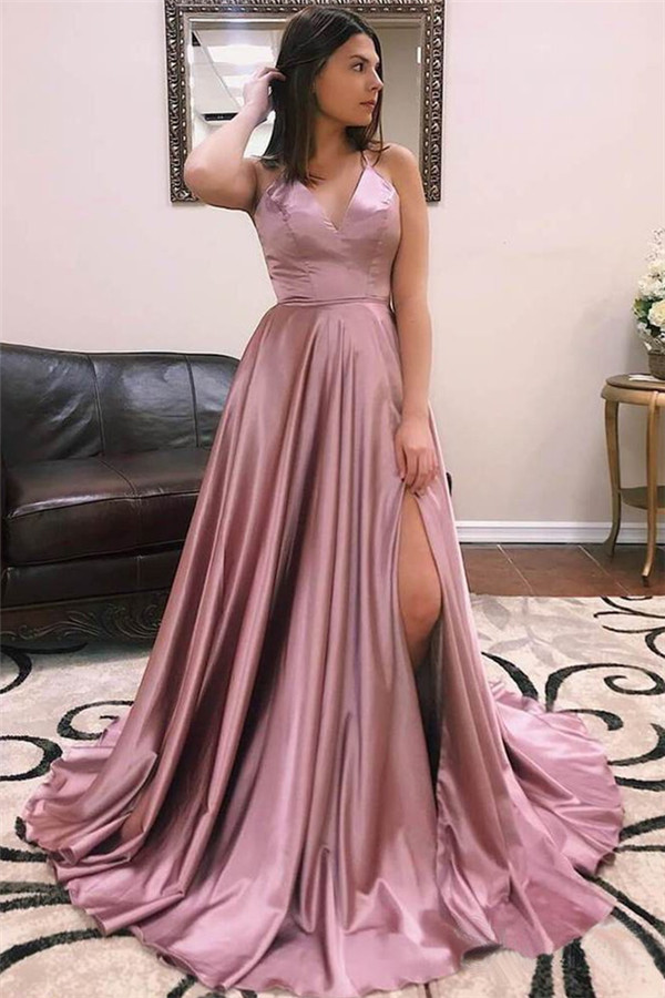 Glamorous Spaghetti-Straps V-Neck Side-Slit A-Line Prom Dresses-newarrivaldress