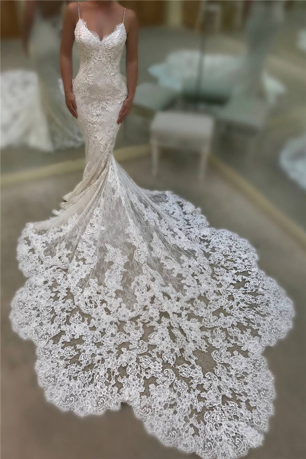 Sexy Open Back Mermaid Lace Wedding Dresses | Spaghetti Straps 2021 Bridal Gowns with Chapel Train-newarrivaldress