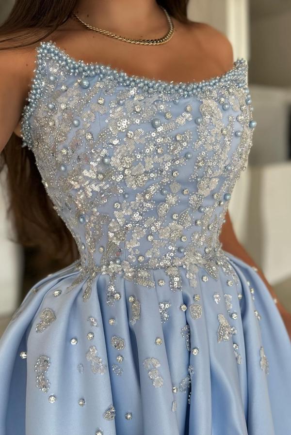 Strapless Satin Long Evening Dress Pearls Floor Length Aline Prom Dress-newarrivaldress