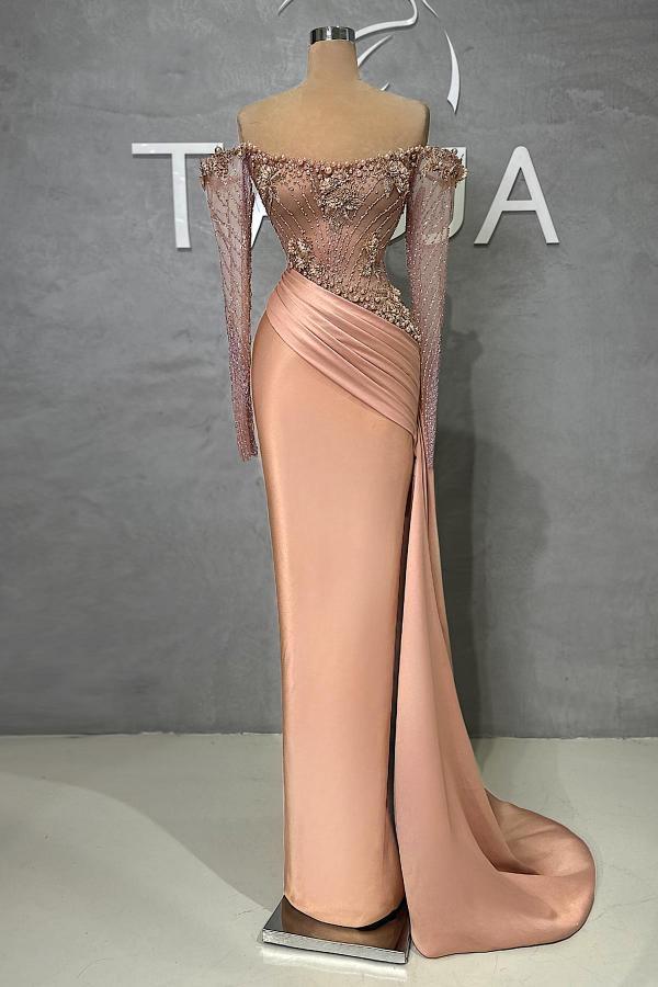 Chic Off Shoulder Beadings Sheath Long Prom Dress with Pearls Ruched Satin Evening Gown-newarrivaldress