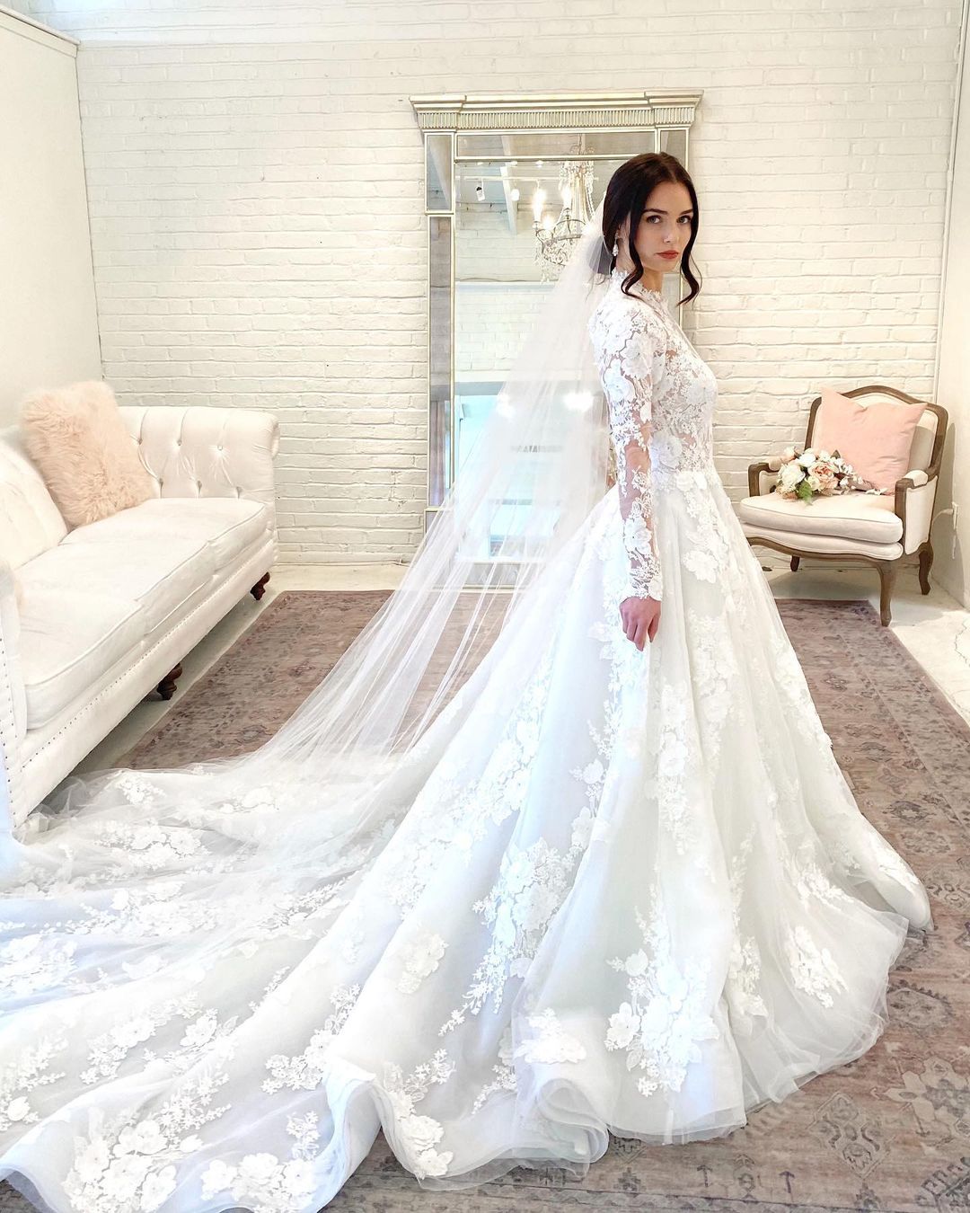 Romantic Wedding Dress with Sleeves Floral Lace High Neck Garden Bridal Dress-newarrivaldress