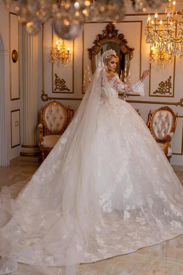 Gorgeous Puffy Sleeves Aline Wedding Dresses Tulle Lace Appliques Bridal Gown-newarrivaldress