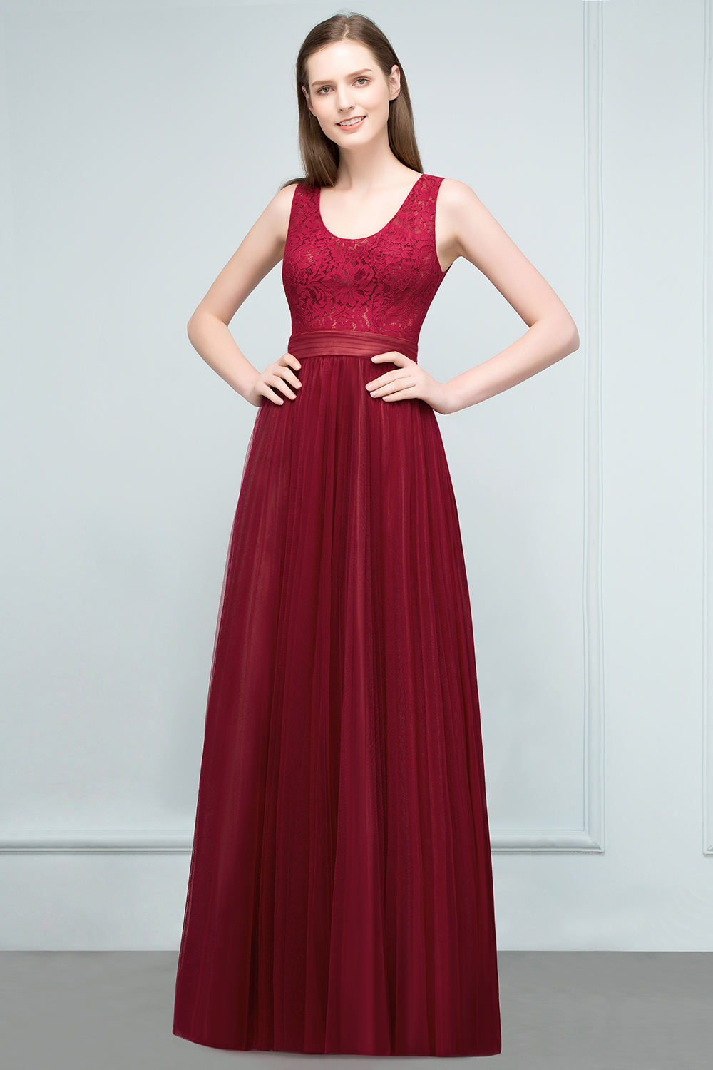 JULIANNA | A-line Scoop Long Sleevless Lace Top Burgundy Tulle Prom Dresses-newarrivaldress