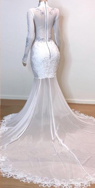 White Stunning Lace Long Sleeve Long Prom Dresses | New Arrival Sheer Tulle Slit Mermaid Evening Gowns-newarrivaldress