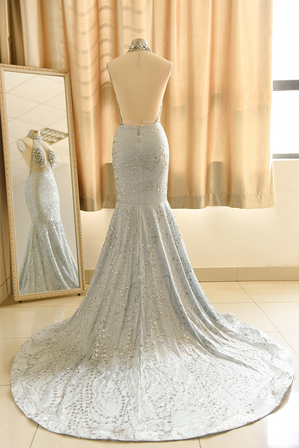 Sexy Beads Sequins Mermaid Prom Dresses Halter Sleeveless Floor Length Party Dress-newarrivaldress