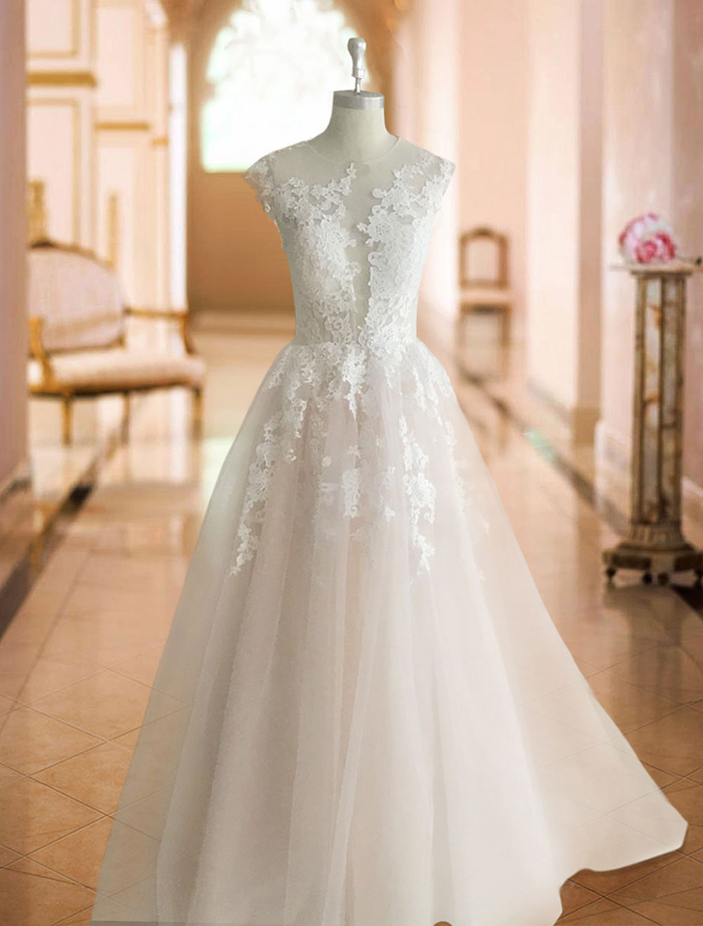 Wedding Dresses 2021 Princess Silhouette Jewel Neck Sleeveless Natural Waist Lace Soft Pink Tulle Bridal Gowns-newarrivaldress