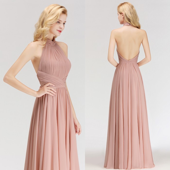 Sleeveless A-line Fashion Floor-length Chiffon Backless Halter Bridesmaid Dress-newarrivaldress