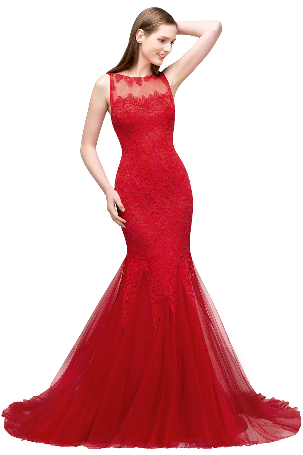 VANESSA | Mermaid Floor Length Illusion Neckline Sleeveless Tulle Lace Prom Dresses-newarrivaldress