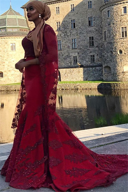 Burgundy Lace Appliques Jewel Neck Long Sleeves Mermaid Prom Dress-newarrivaldress