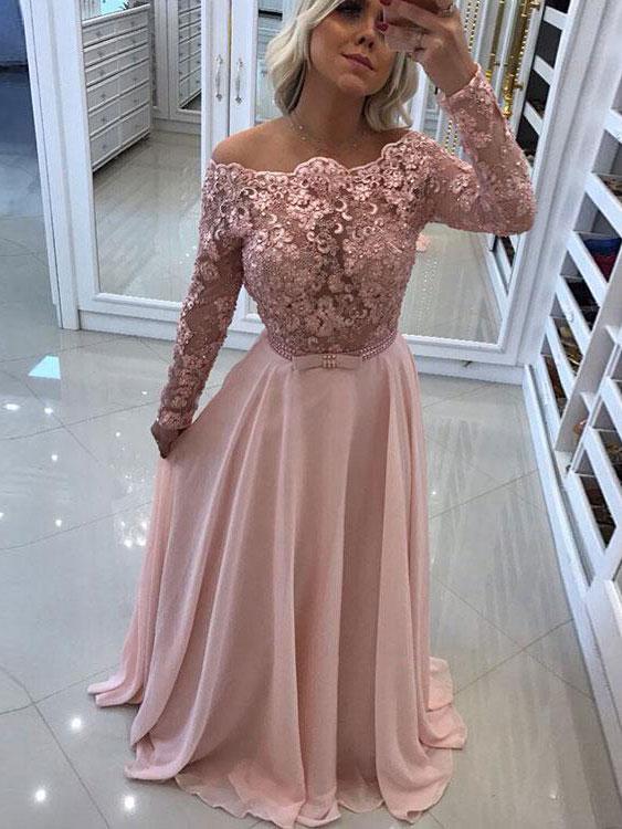 Delicate Lace Appliques A-line Off-the-shoulder- Long Sleeve Prom Dress-newarrivaldress