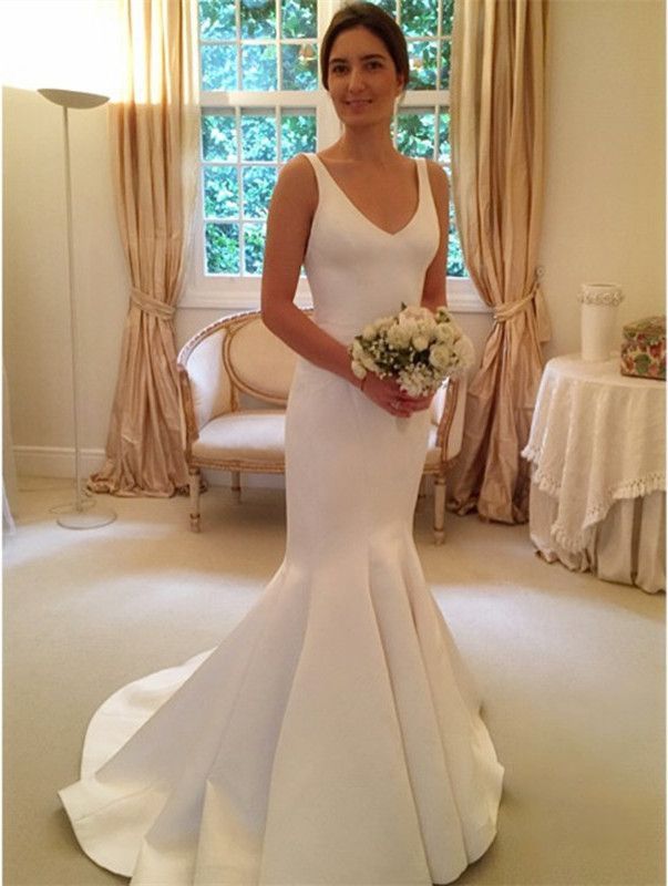 Open Back Elegant V-Neck Sleeveless Mermaid Wedding Dresses-newarrivaldress