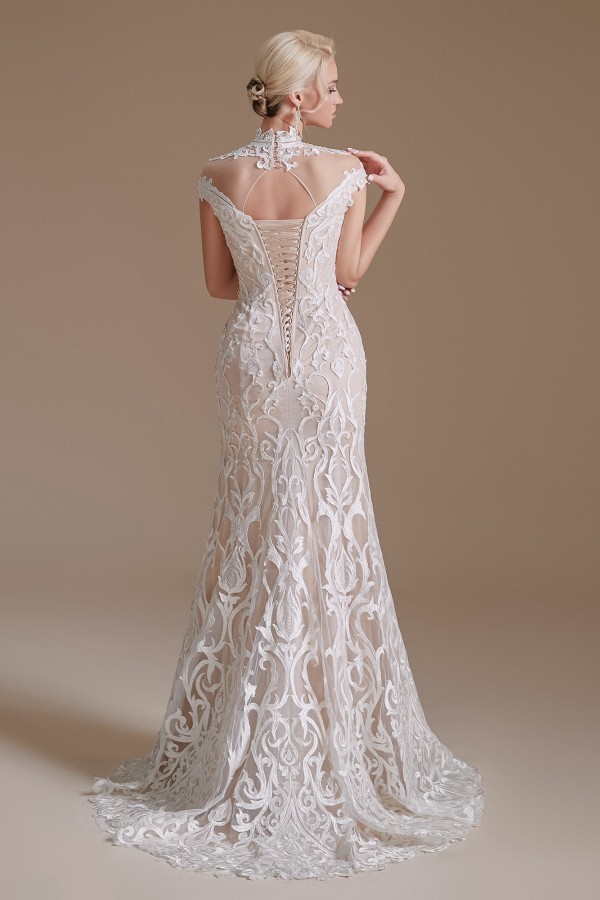 Cap Sleeves Mermaid Wedding Dress High Neck Floral Lace Bidal Dress-newarrivaldress