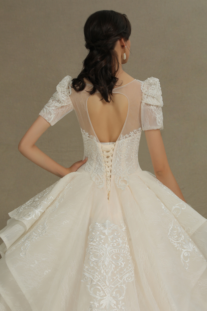 Elegant Short Sleeve Princess Ball Gown ALine Lace Appliques Wedding Dress-newarrivaldress